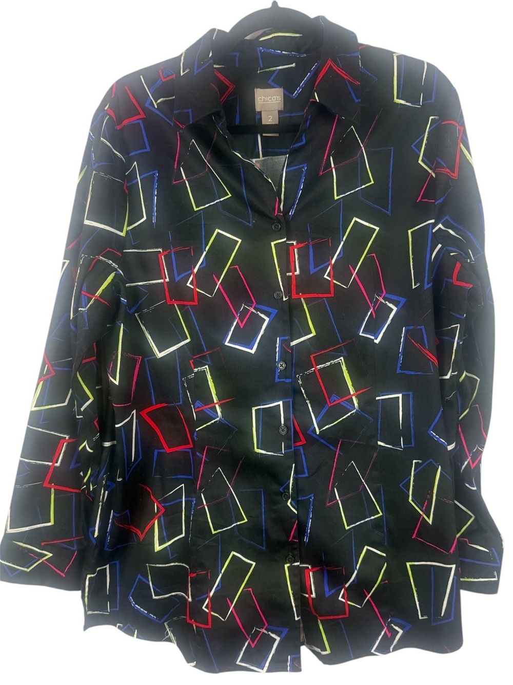 Chico's Cotton Blend Black Neon Scribble Box Geometric Print Button-Up Blouse